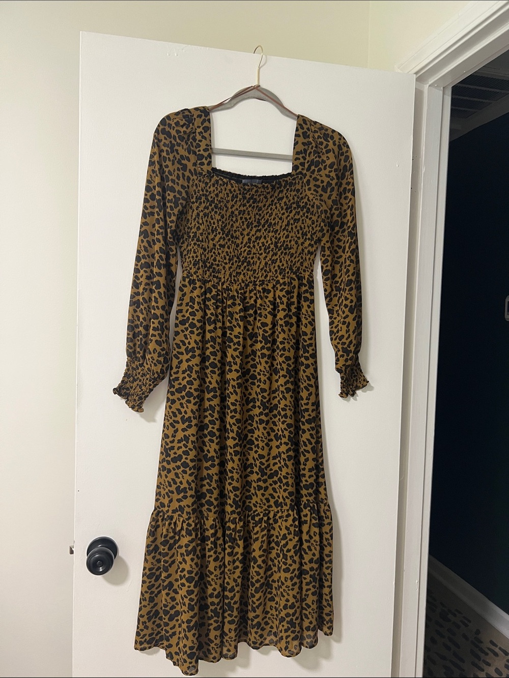 Leopard Print Smocked Midi Dress - Brown